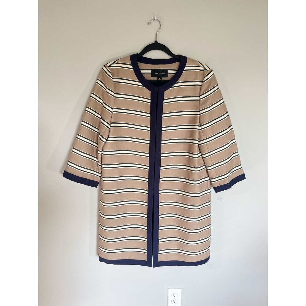Ann Taylor Striped Coat Size M Navy Tan Rail Stripe Topper Classic Jacket Career